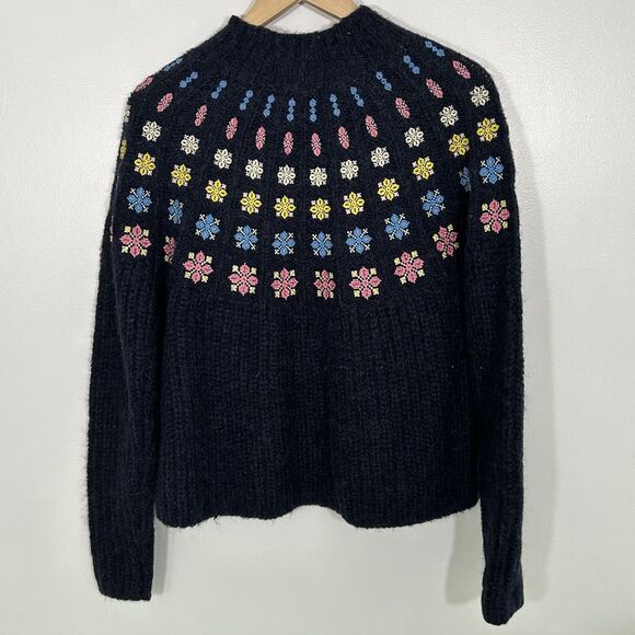 Boden Fluffy Embroidered Jumper Sweater Size 4 US Blue Knit Floral Mock Neck - Picture 9 of 10